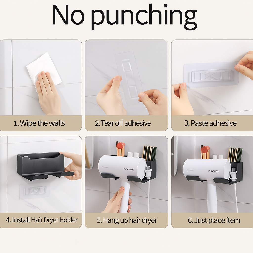 GroomDock™ – Hair Dryer & Toothbrush Wall Holder Plastic Organizer