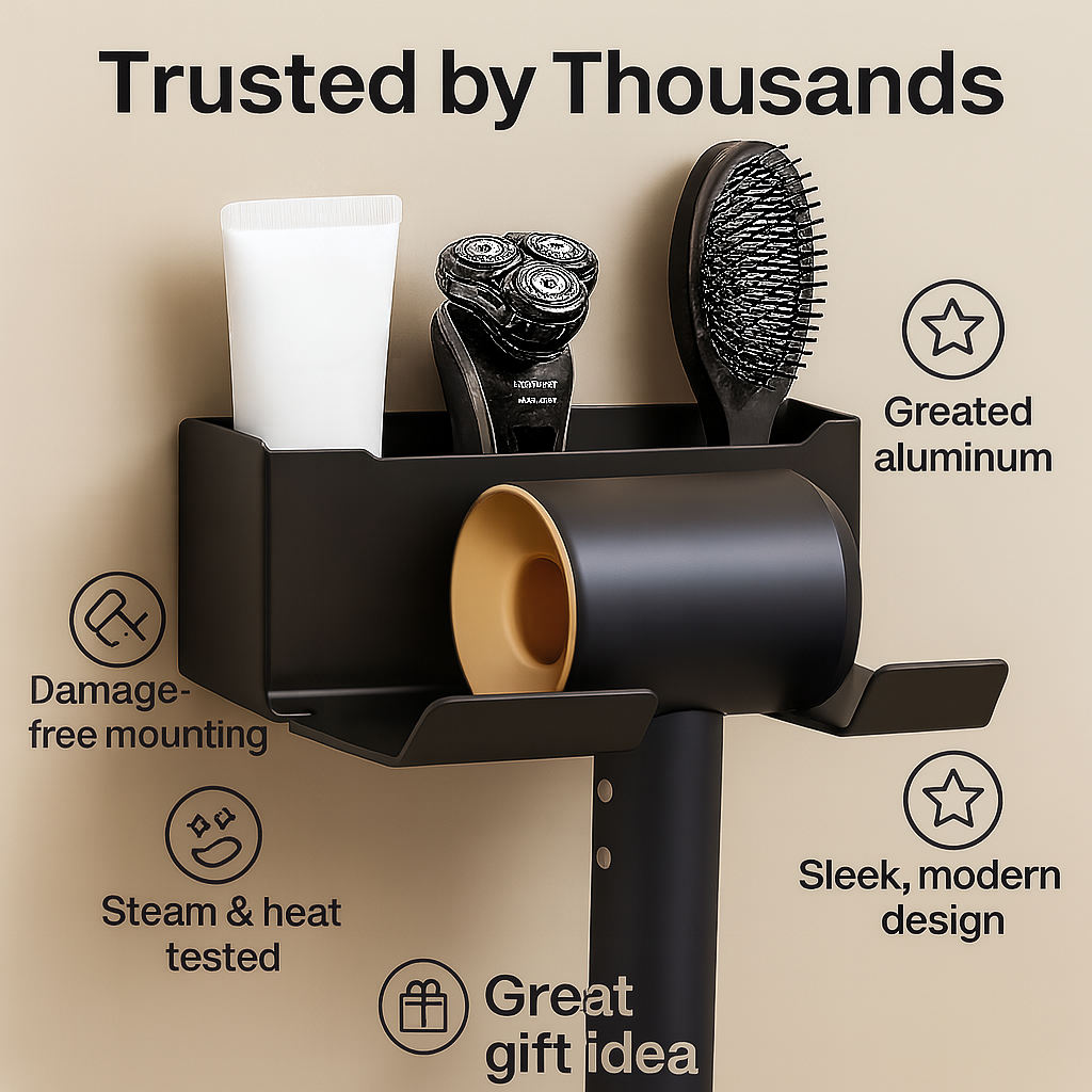 GroomDock™ – Hair Dryer & Toothbrush Wall Holder Plastic Organizer