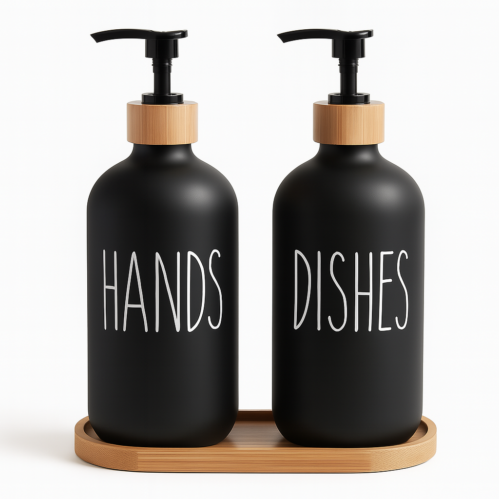 BambuSet™ – Refillable Soap & Lotion Bottles with Bamboo Tray 500ml