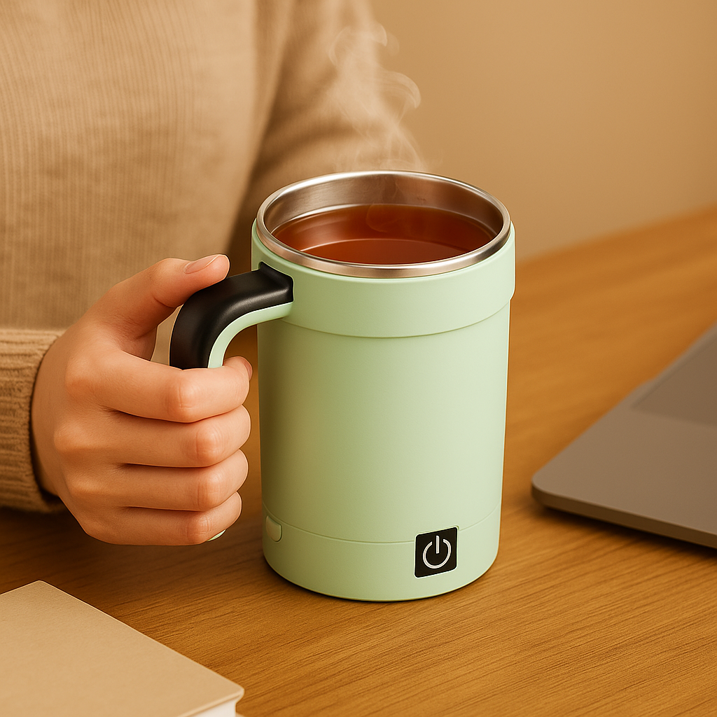 BrewFlow™ – Self-Stirring Magnetic Mug for Effortless Sips