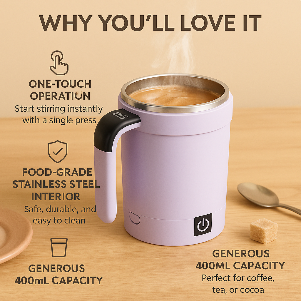 BrewFlow™ – Self-Stirring Magnetic Mug for Effortless Sips