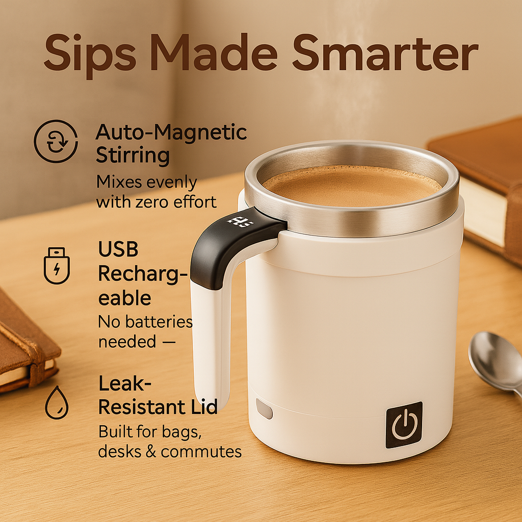 BrewFlow™ – Self-Stirring Magnetic Mug for Effortless Sips