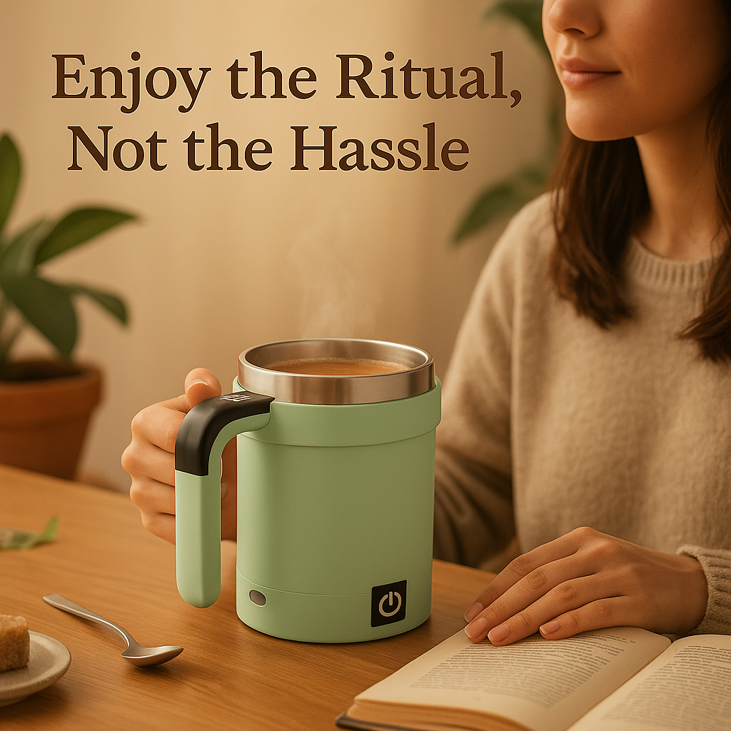 BrewFlow™ – Self-Stirring Magnetic Mug for Effortless Sips
