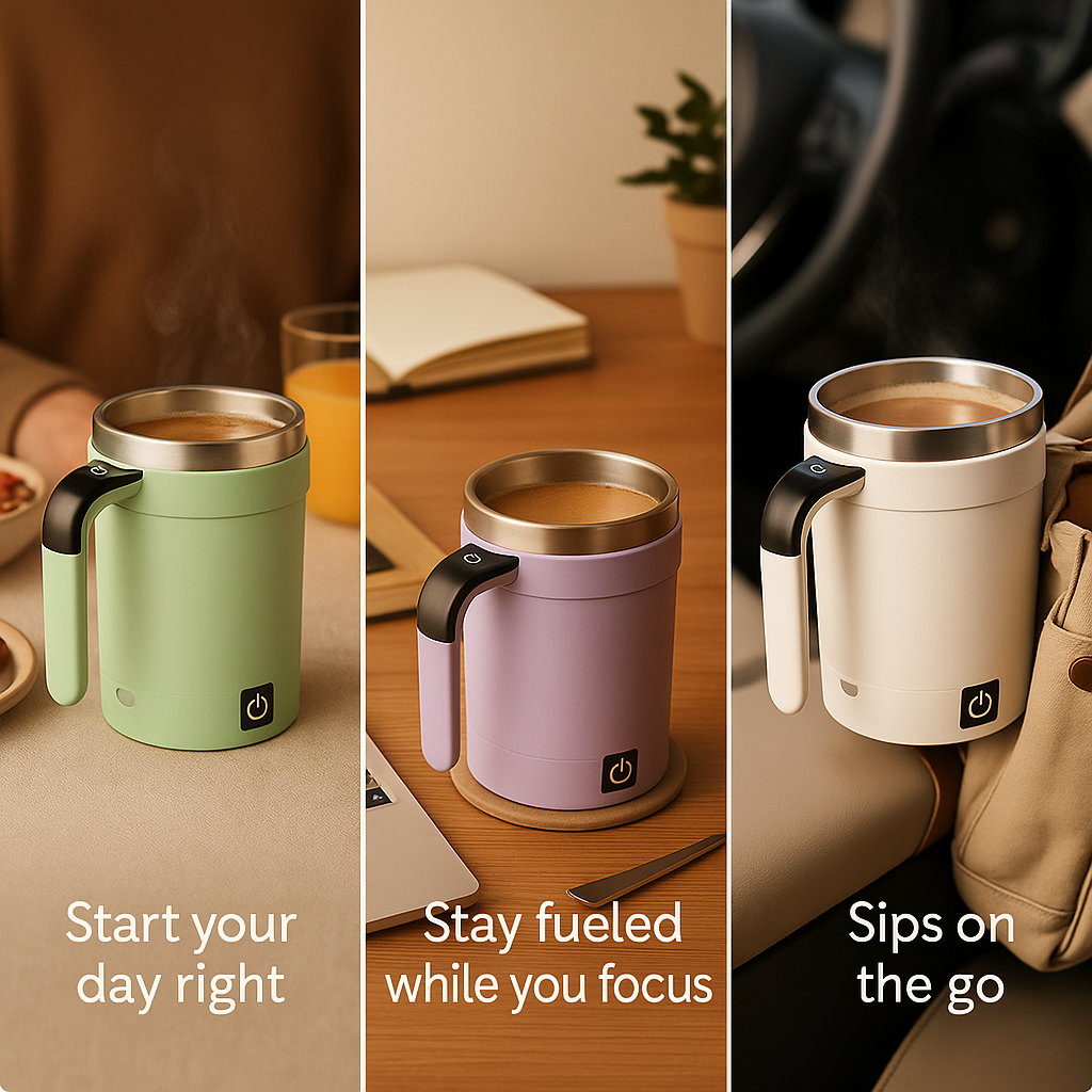 BrewFlow™ – Self-Stirring Magnetic Mug for Effortless Sips