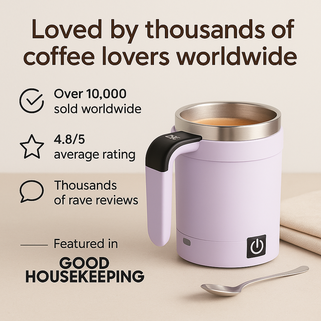 BrewFlow™ – Self-Stirring Magnetic Mug for Effortless Sips