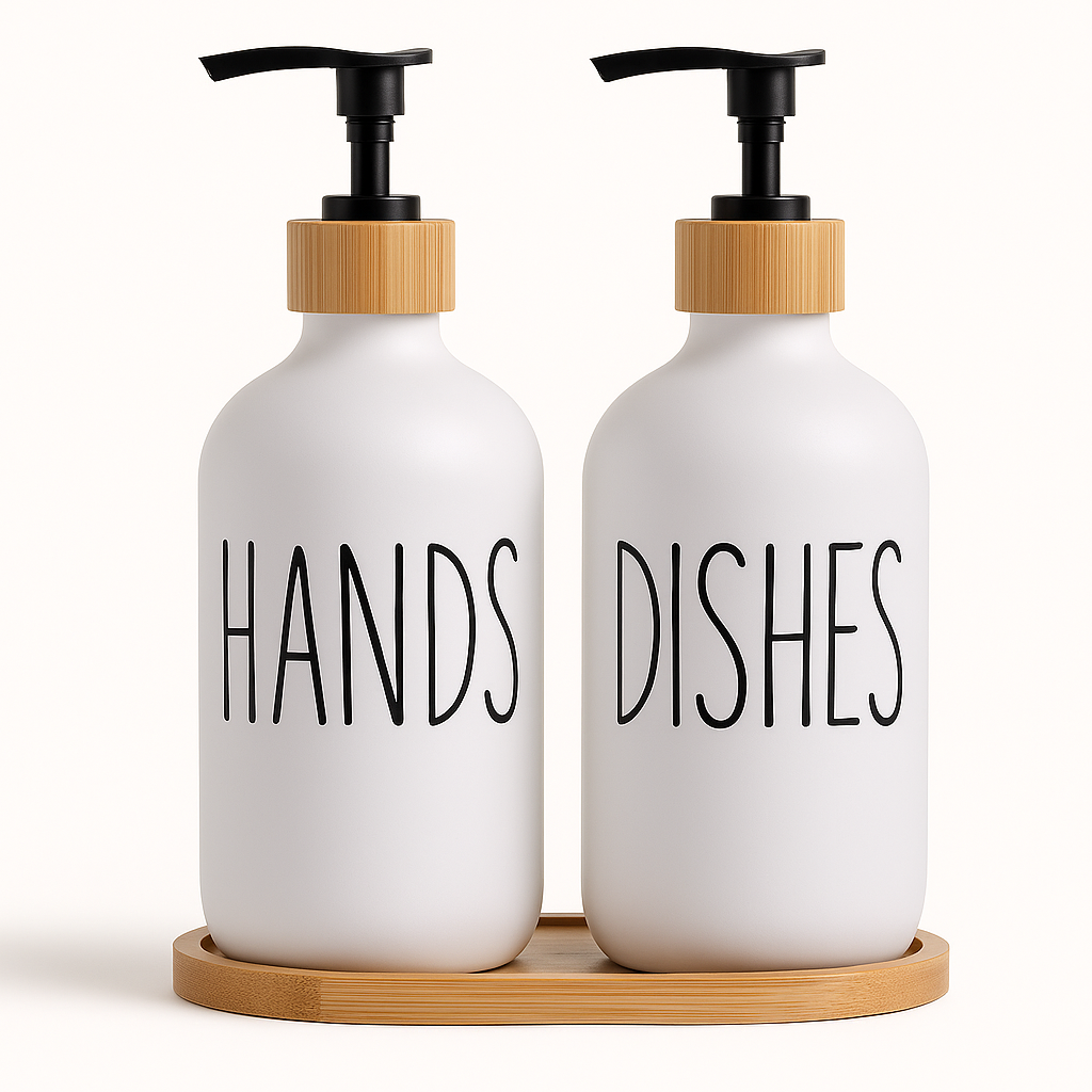 BambuSet™ – Refillable Soap & Lotion Bottles with Bamboo Tray 500ml