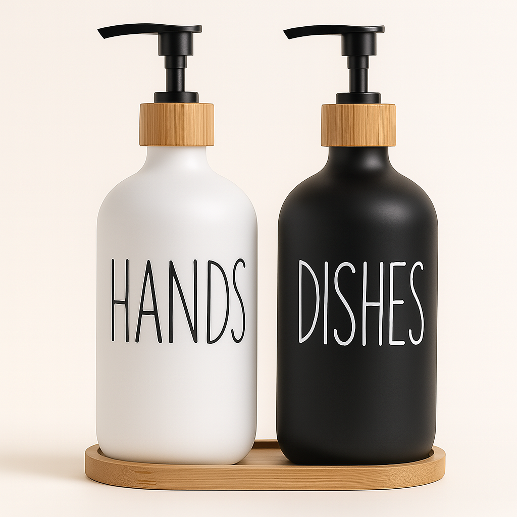 BambuSet™ – Refillable Soap & Lotion Bottles with Bamboo Tray 500ml