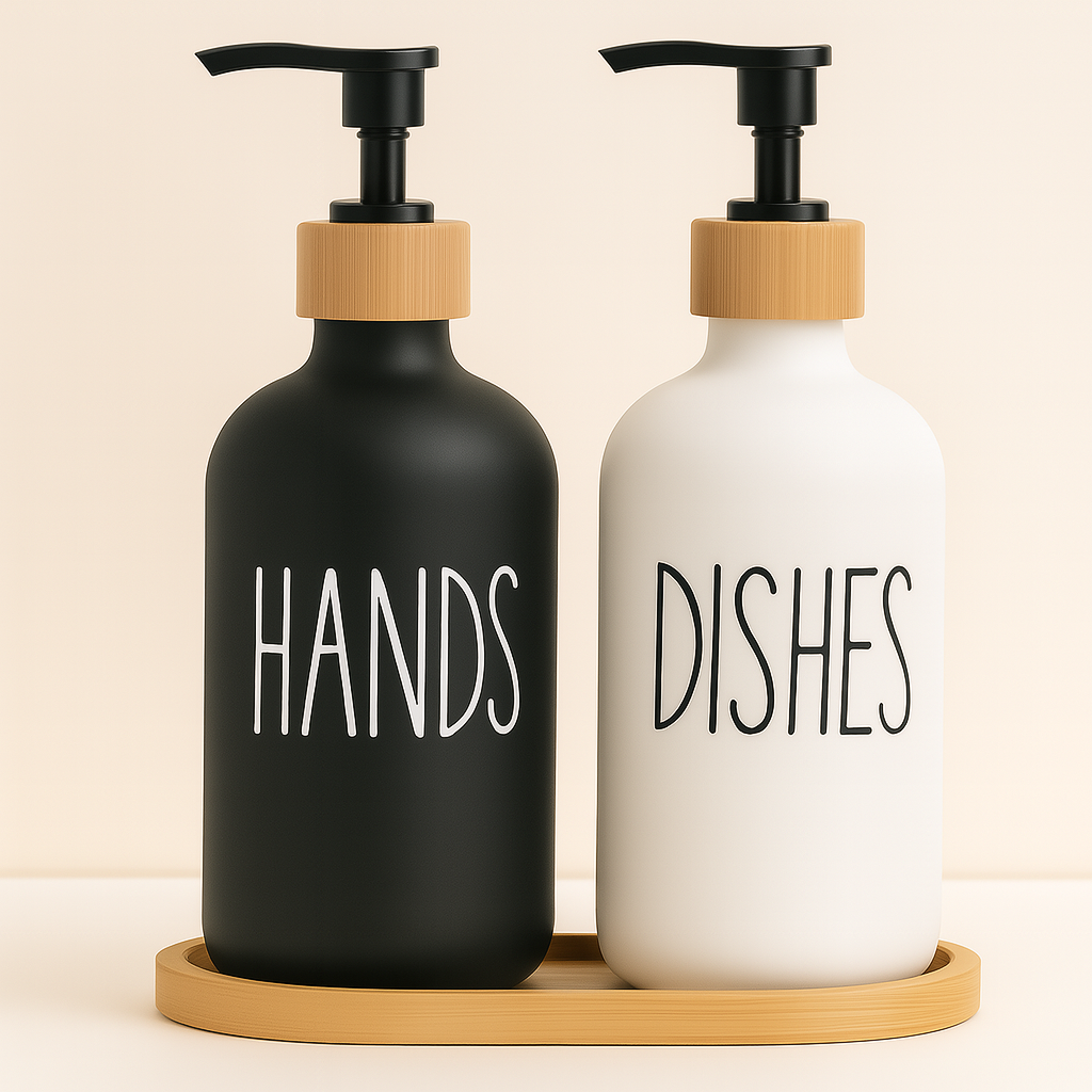 BambuSet™ – Refillable Soap & Lotion Bottles with Bamboo Tray 500ml