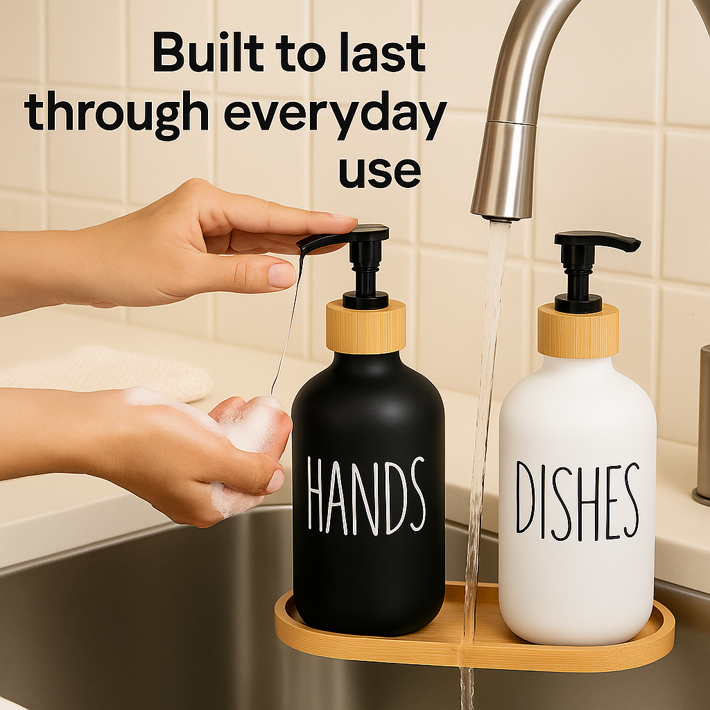BambuSet™ – Refillable Soap & Lotion Bottles with Bamboo Tray 500ml