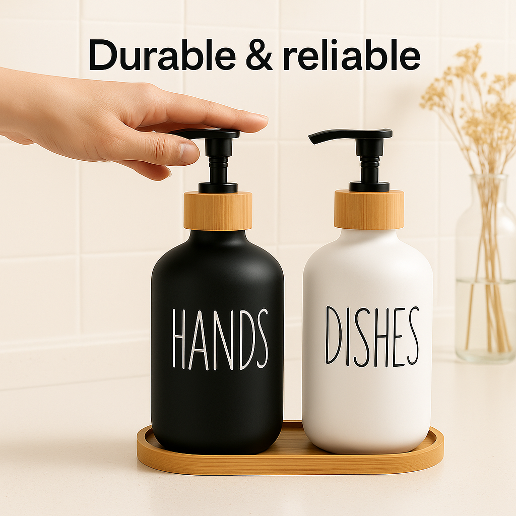 BambuSet™ – Refillable Soap & Lotion Bottles with Bamboo Tray 500ml