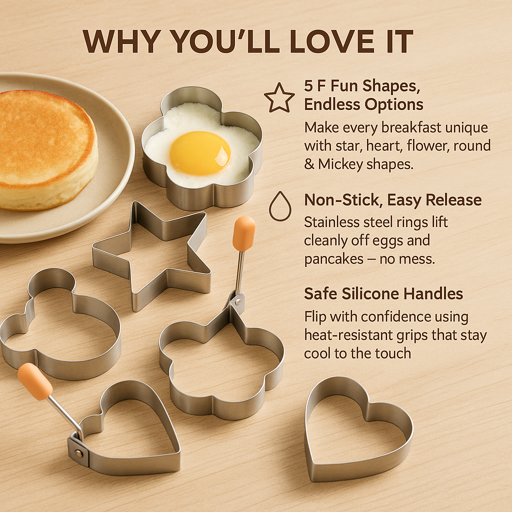 EggCraft™ – Stainless Steel Egg & Pancake Ring Set (5pcs)