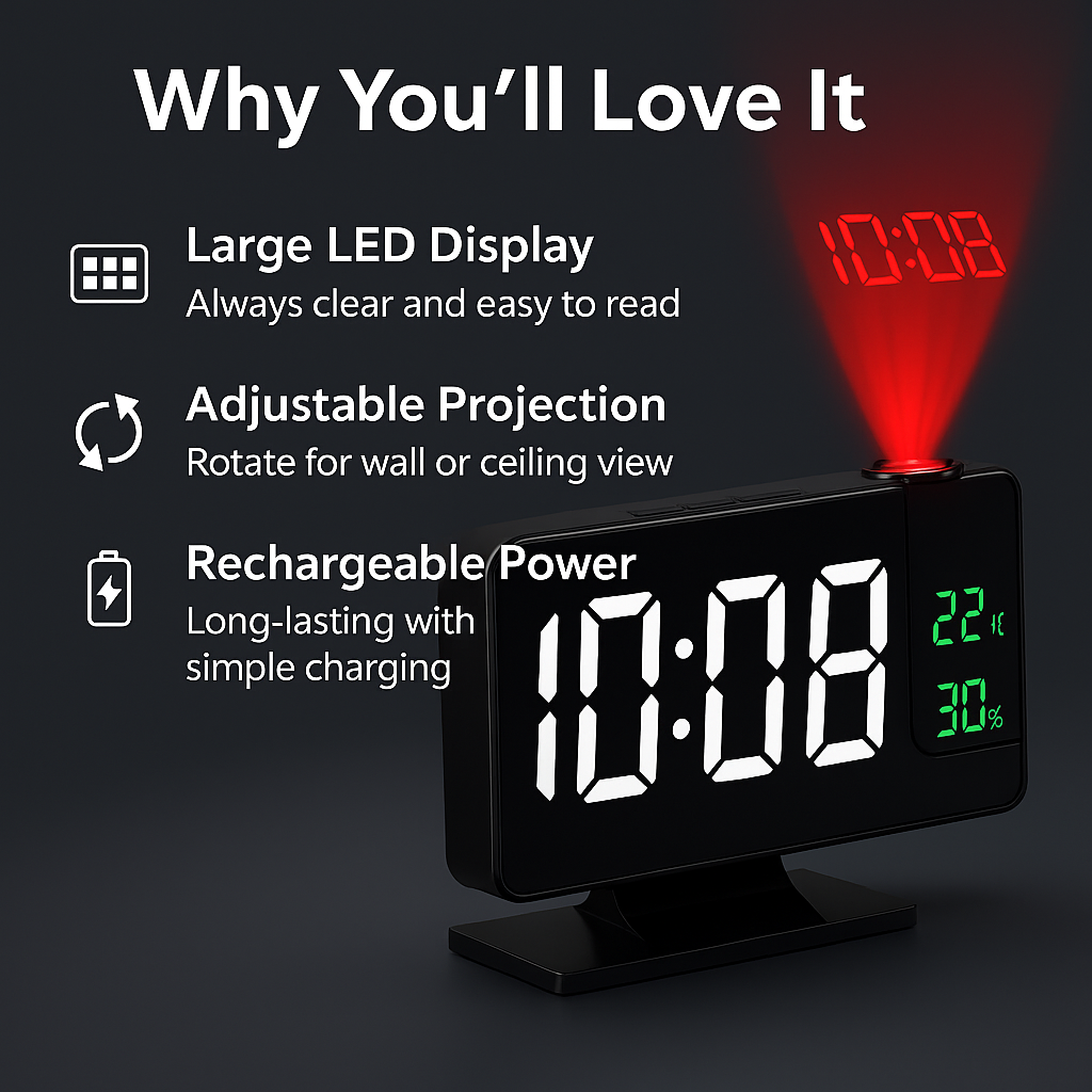 GlowCast™ – Projection Digital Alarm Clock with Temperature & Humidity Display