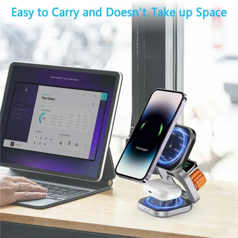 3 In 1 Foldable Magnetic Wireless Charger Stand For iPhone 16 15 14 Samsung IWatch AirPods 3/2 Station Dock Fast Charging Holder
