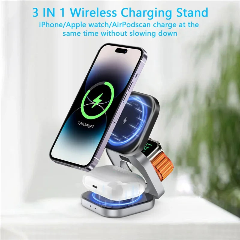3 In 1 Foldable Magnetic Wireless Charger Stand For iPhone 16 15 14 Samsung IWatch AirPods 3/2 Station Dock Fast Charging Holder