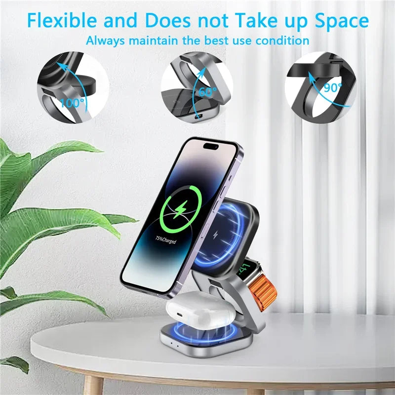 3 In 1 Foldable Magnetic Wireless Charger Stand For iPhone 16 15 14 Samsung IWatch AirPods 3/2 Station Dock Fast Charging Holder