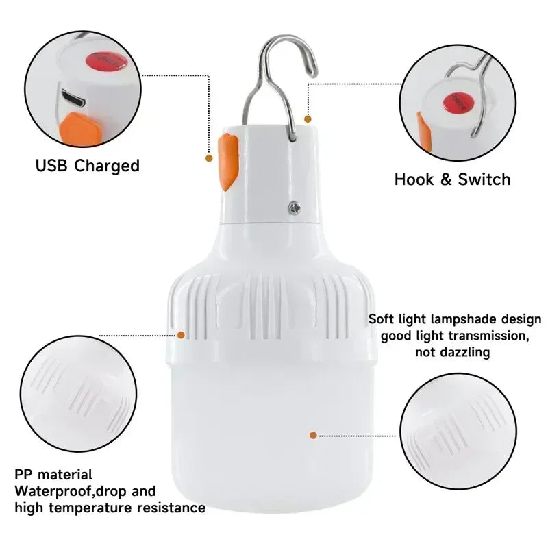 60W USB Rechargeable LED Bulbs Portable High Brightness Outdoor Camping Fishing Hanging Tent Lantern Emergency Night Lights