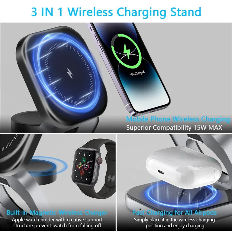 3 In 1 Foldable Magnetic Wireless Charger Stand For iPhone 16 15 14 Samsung IWatch AirPods 3/2 Station Dock Fast Charging Holder