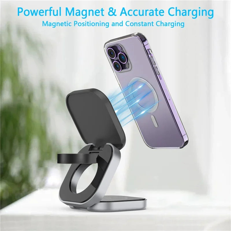 3 In 1 Foldable Magnetic Wireless Charger Stand For iPhone 16 15 14 Samsung IWatch AirPods 3/2 Station Dock Fast Charging Holder