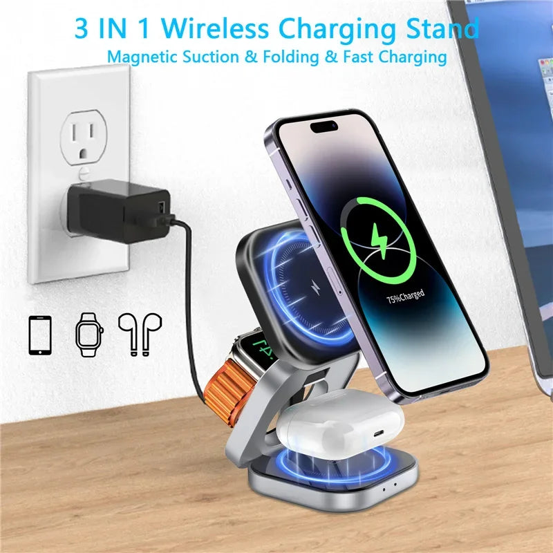 3 In 1 Foldable Magnetic Wireless Charger Stand For iPhone 16 15 14 Samsung IWatch AirPods 3/2 Station Dock Fast Charging Holder
