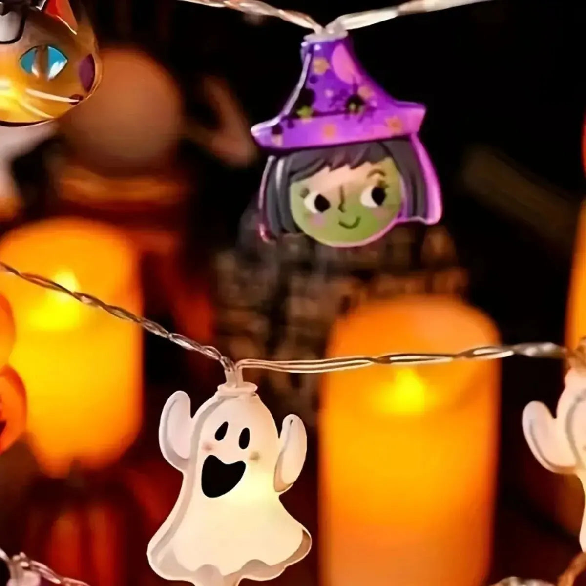 Indoor Halloween LED String Lights Battery Powered Decoration Lamp With Ghost Witch Cat Pumpkin Spider Web Skeleton Mummy Pirate