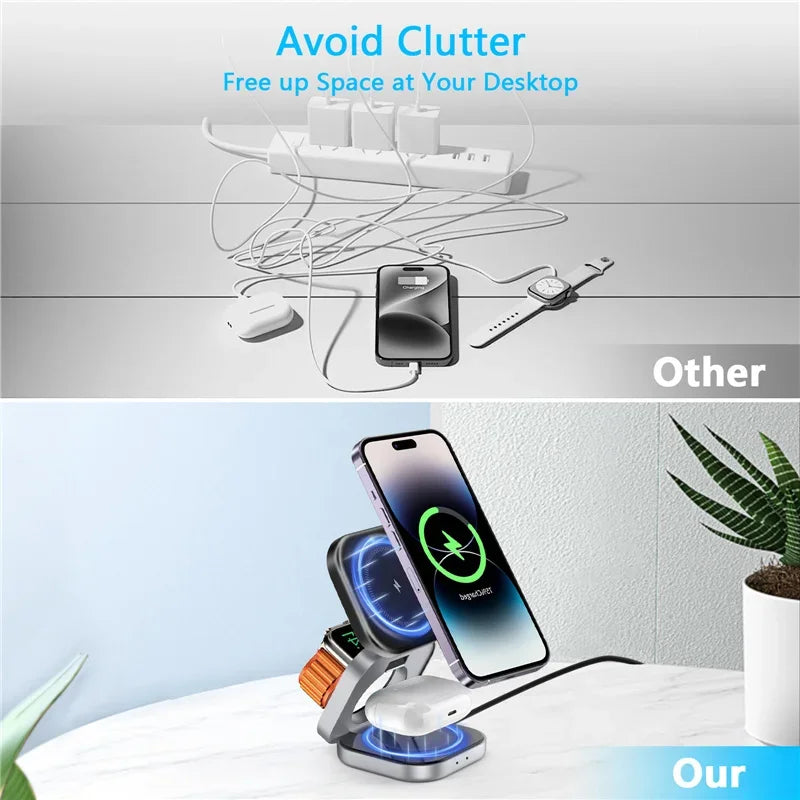 3 In 1 Foldable Magnetic Wireless Charger Stand For iPhone 16 15 14 Samsung IWatch AirPods 3/2 Station Dock Fast Charging Holder