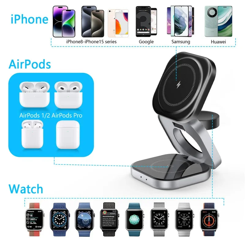 3 In 1 Foldable Magnetic Wireless Charger Stand For iPhone 16 15 14 Samsung IWatch AirPods 3/2 Station Dock Fast Charging Holder