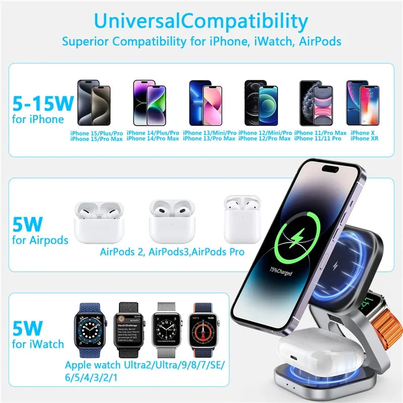 3 In 1 Foldable Magnetic Wireless Charger Stand For iPhone 16 15 14 Samsung IWatch AirPods 3/2 Station Dock Fast Charging Holder