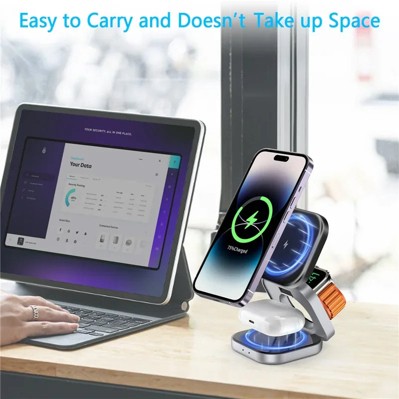 3 In 1 Foldable Magnetic Wireless Charger Stand For iPhone 16 15 14 Samsung IWatch AirPods 3/2 Station Dock Fast Charging Holder