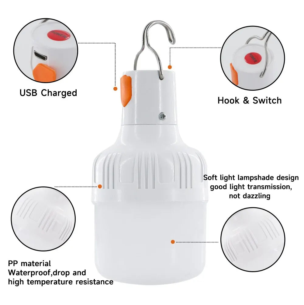 60W USB Rechargeable LED Bulbs Portable High Brightness Outdoor Camping Fishing Hanging Tent Lantern Emergency Night Lights