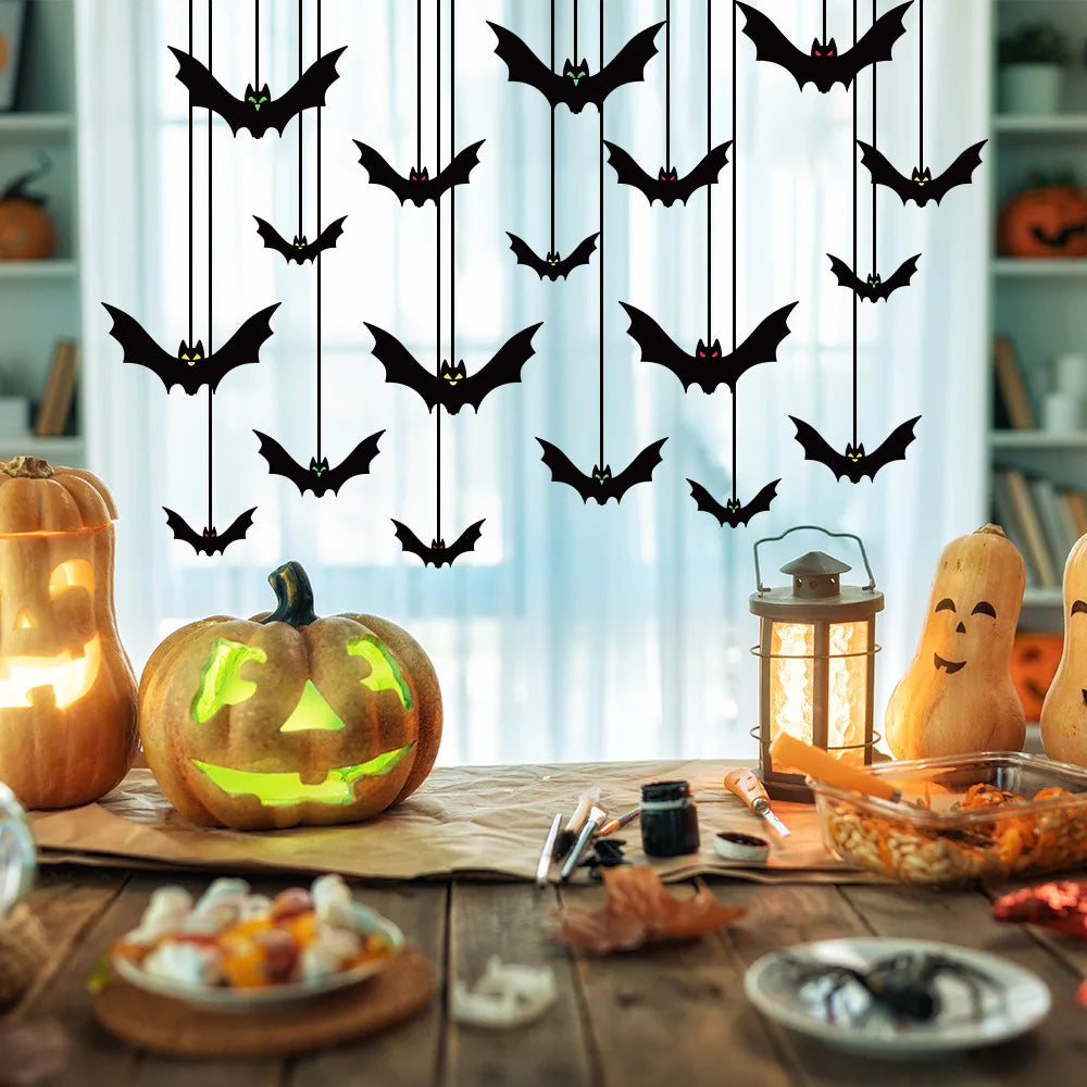 18/36pcs Black Halloween Bat Garland String Hanging Decoration Haunted House Horror Props Halloween Themed Party Decorations