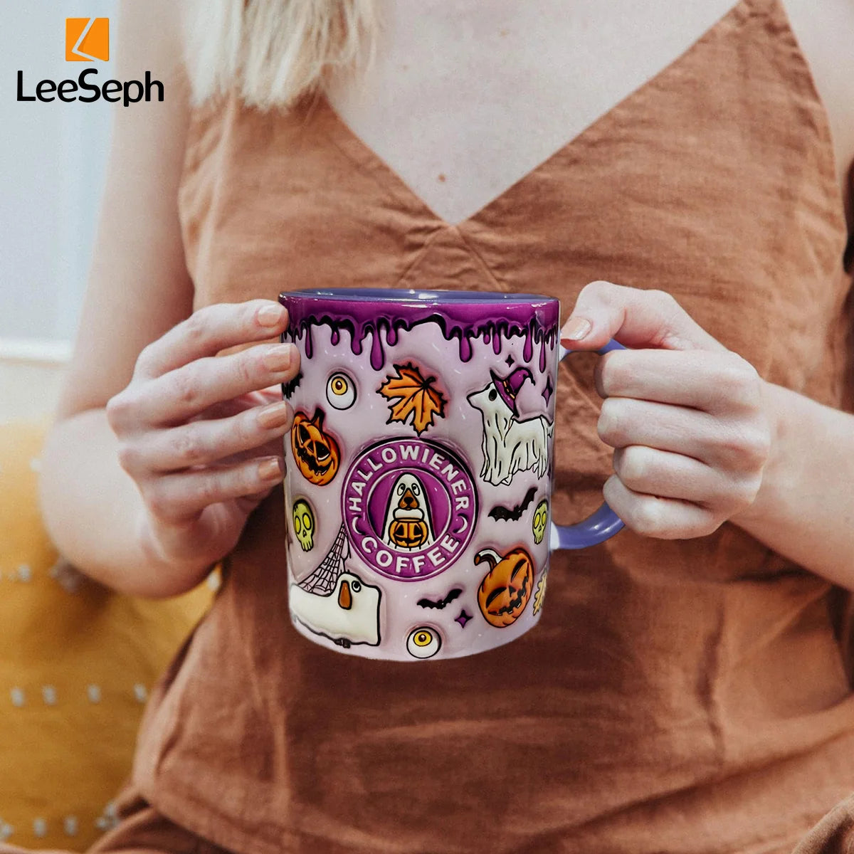 Leeseph Halloween Mug, Trick or Treat Halloween Pumpkin Cute Ghost Ceramic Coffee Mug, Coffee Lover Halloween Decor Gift