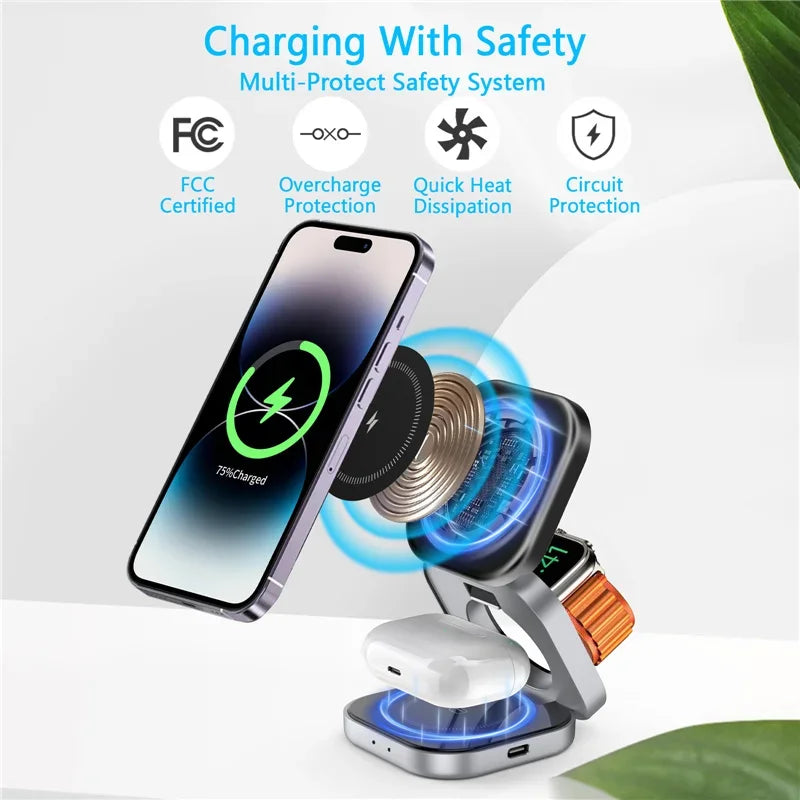 3 In 1 Foldable Magnetic Wireless Charger Stand For iPhone 16 15 14 Samsung IWatch AirPods 3/2 Station Dock Fast Charging Holder
