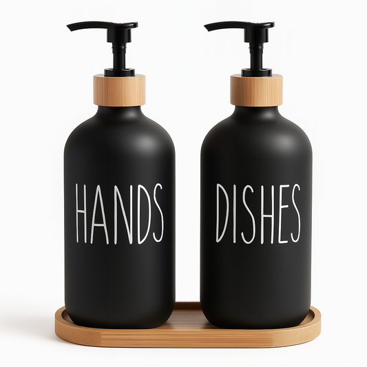 BambuSet™ – Refillable Soap & Lotion Bottles with Bamboo Tray 500ml