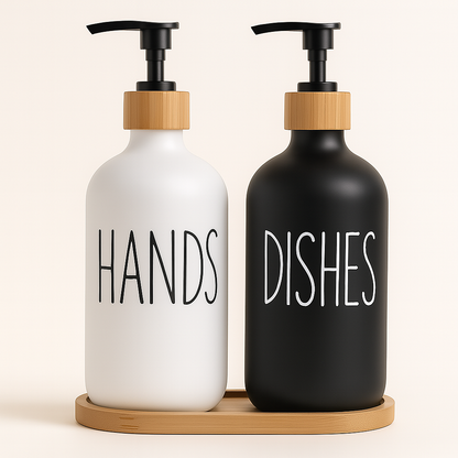 BambuSet™ – Refillable Soap & Lotion Bottles with Bamboo Tray 500ml