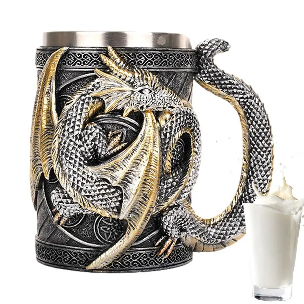 Retro Dragon Resin Stainless Steel Beer Mug Skull Knight Tankard Halloween Coffee Cup Creative Viking Tea Mug Pub Bar Decoration