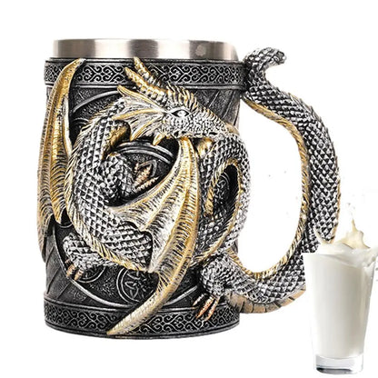 Retro Dragon Resin Stainless Steel Beer Mug Skull Knight Tankard Halloween Coffee Cup Creative Viking Tea Mug Pub Bar Decoration