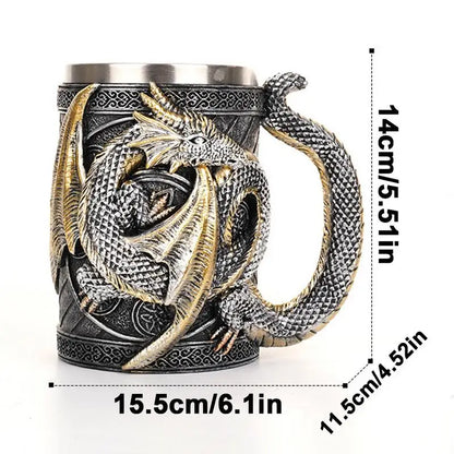 Retro Dragon Resin Stainless Steel Beer Mug Skull Knight Tankard Halloween Coffee Cup Creative Viking Tea Mug Pub Bar Decoration