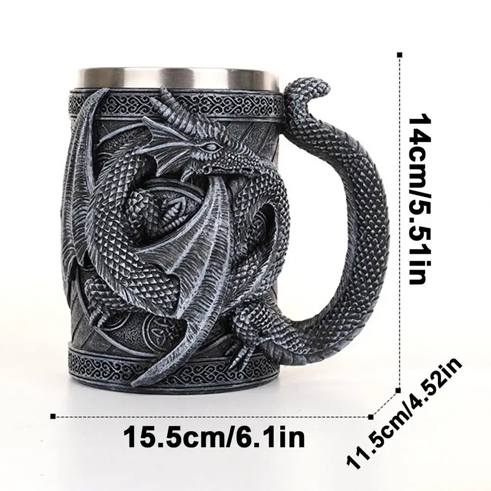 Retro Dragon Resin Stainless Steel Beer Mug Skull Knight Tankard Halloween Coffee Cup Creative Viking Tea Mug Pub Bar Decoration