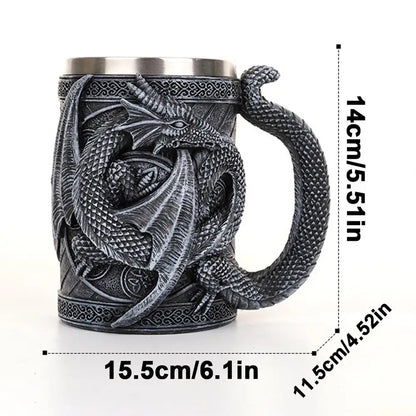 Retro Dragon Resin Stainless Steel Beer Mug Skull Knight Tankard Halloween Coffee Cup Creative Viking Tea Mug Pub Bar Decoration