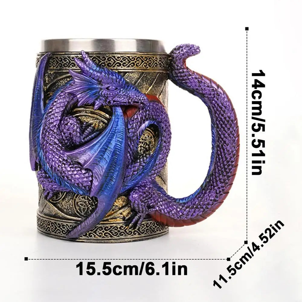 Retro Dragon Resin Stainless Steel Beer Mug Skull Knight Tankard Halloween Coffee Cup Creative Viking Tea Mug Pub Bar Decoration