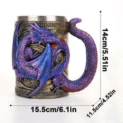 Retro Dragon Resin Stainless Steel Beer Mug Skull Knight Tankard Halloween Coffee Cup Creative Viking Tea Mug Pub Bar Decoration
