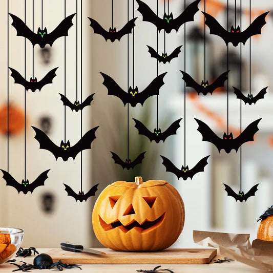 18/36pcs Black Halloween Bat Garland String Hanging Decoration Haunted House Horror Props Halloween Themed Party Decorations