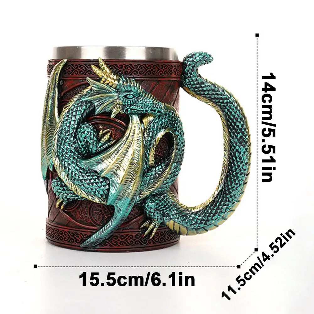 Retro Dragon Resin Stainless Steel Beer Mug Skull Knight Tankard Halloween Coffee Cup Creative Viking Tea Mug Pub Bar Decoration
