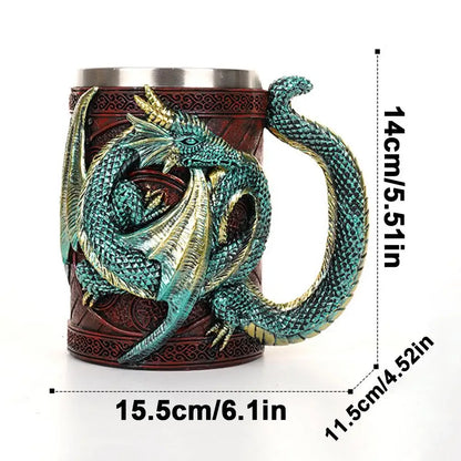 Retro Dragon Resin Stainless Steel Beer Mug Skull Knight Tankard Halloween Coffee Cup Creative Viking Tea Mug Pub Bar Decoration