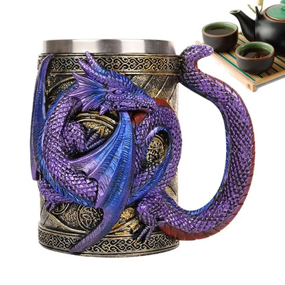 Retro Dragon Resin Stainless Steel Beer Mug Skull Knight Tankard Halloween Coffee Cup Creative Viking Tea Mug Pub Bar Decoration