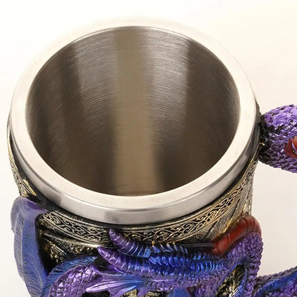 Retro Dragon Resin Stainless Steel Beer Mug Skull Knight Tankard Halloween Coffee Cup Creative Viking Tea Mug Pub Bar Decoration