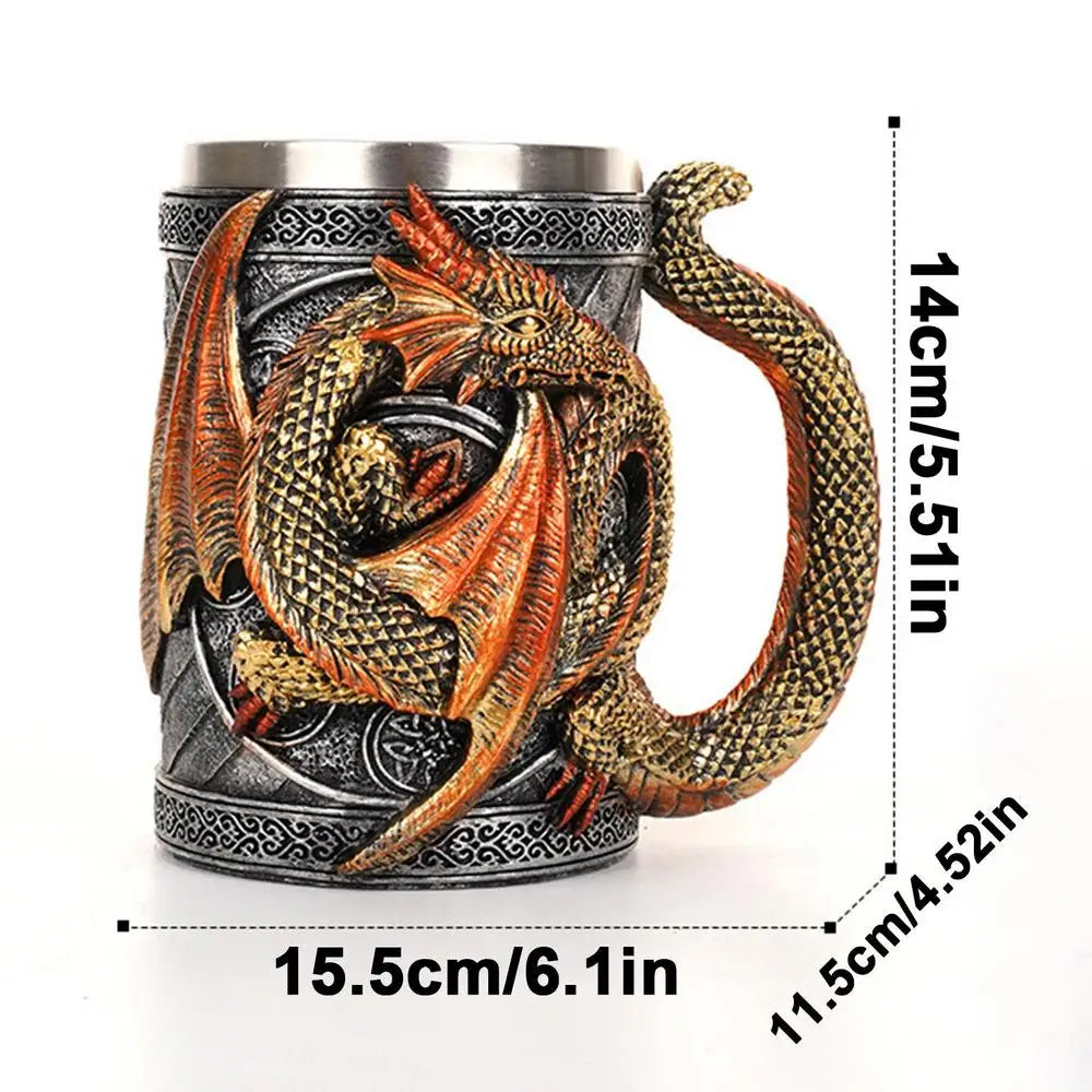 Retro Dragon Resin Stainless Steel Beer Mug Skull Knight Tankard Halloween Coffee Cup Creative Viking Tea Mug Pub Bar Decoration
