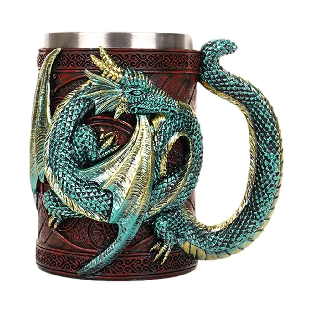 Retro Dragon Resin Stainless Steel Beer Mug Skull Knight Tankard Halloween Coffee Cup Creative Viking Tea Mug Pub Bar Decoration