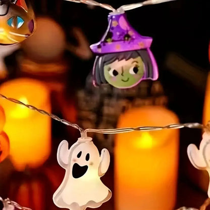 Indoor Halloween LED String Lights Battery Powered Decoration Lamp With Ghost Witch Cat Pumpkin Spider Web Skeleton Mummy Pirate