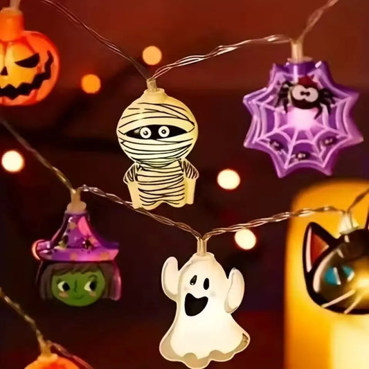 Indoor Halloween LED String Lights Battery Powered Decoration Lamp With Ghost Witch Cat Pumpkin Spider Web Skeleton Mummy Pirate